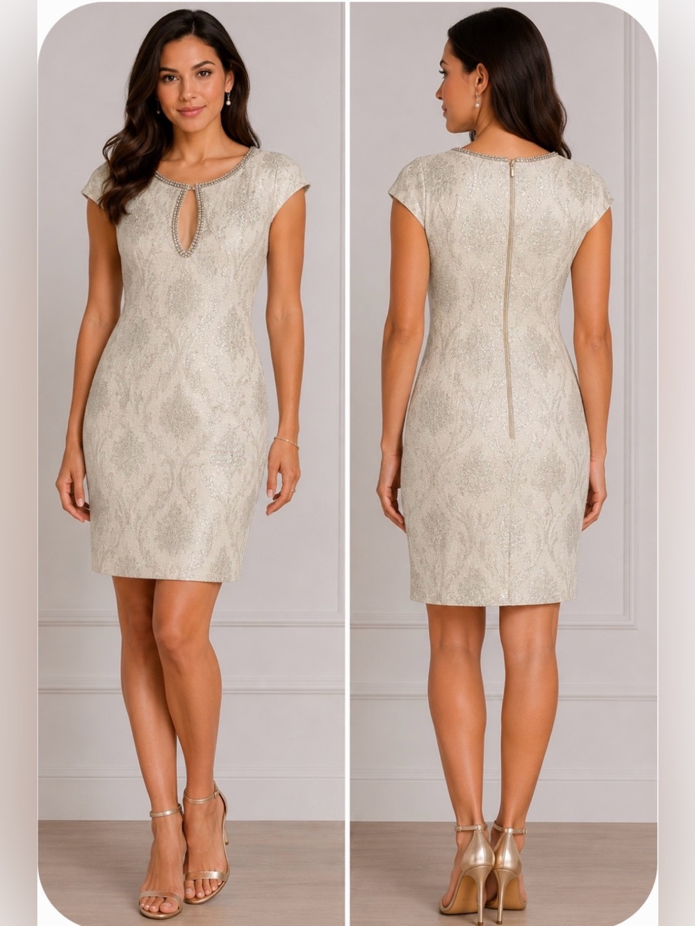 Jax Cream Metallic Keyhole Sheath Dress